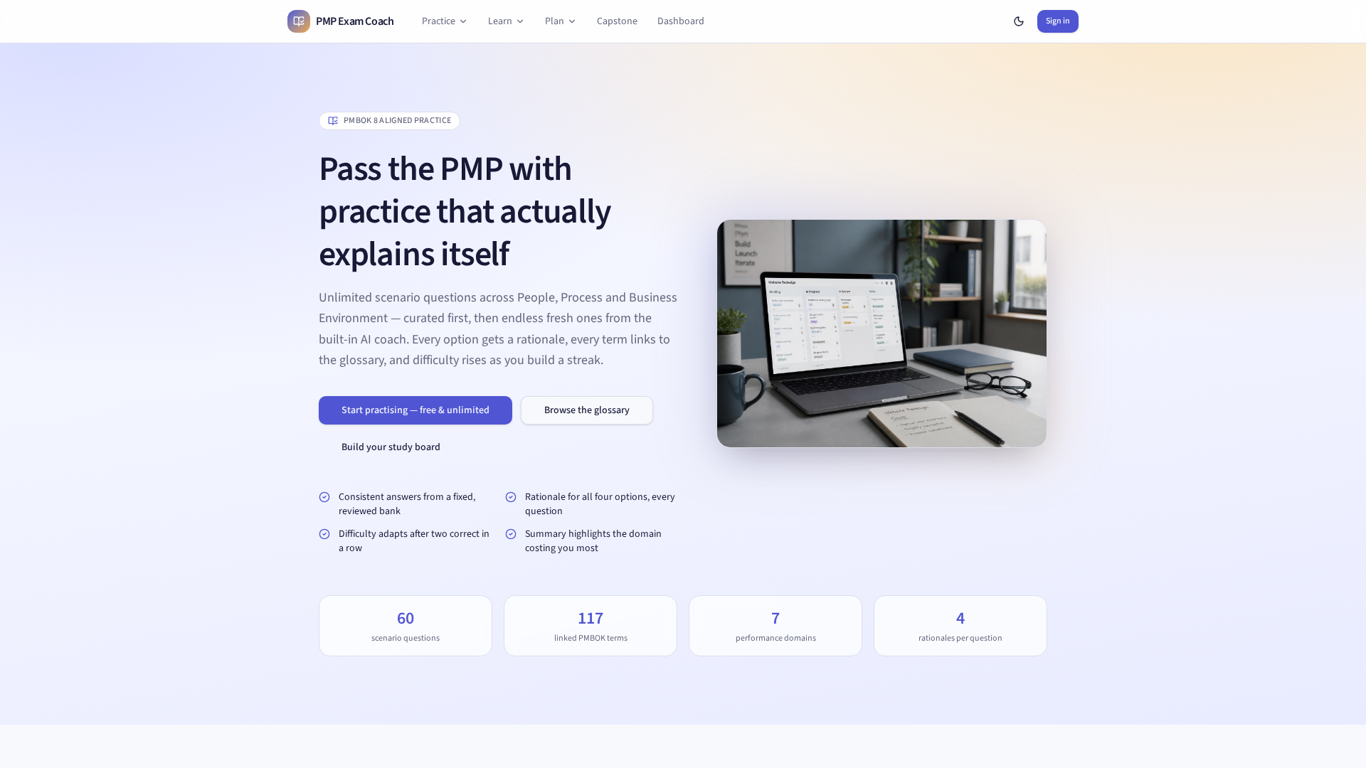Simcert PMP Exam Coach product interface